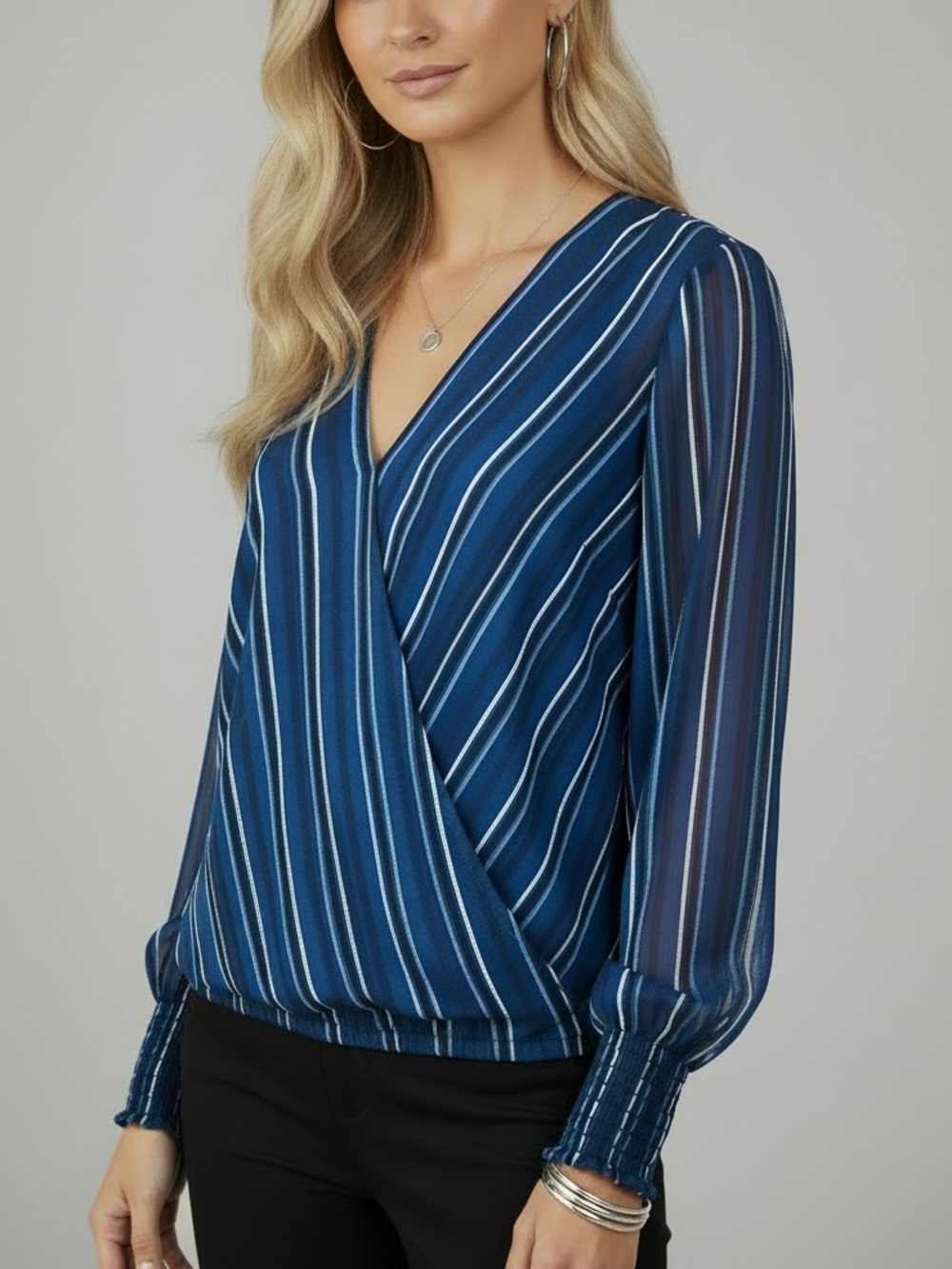 WHITE HOUSE BLACK MARKET Blue Striped Sheer Long Sleeves Wrap Blouse Size Medium